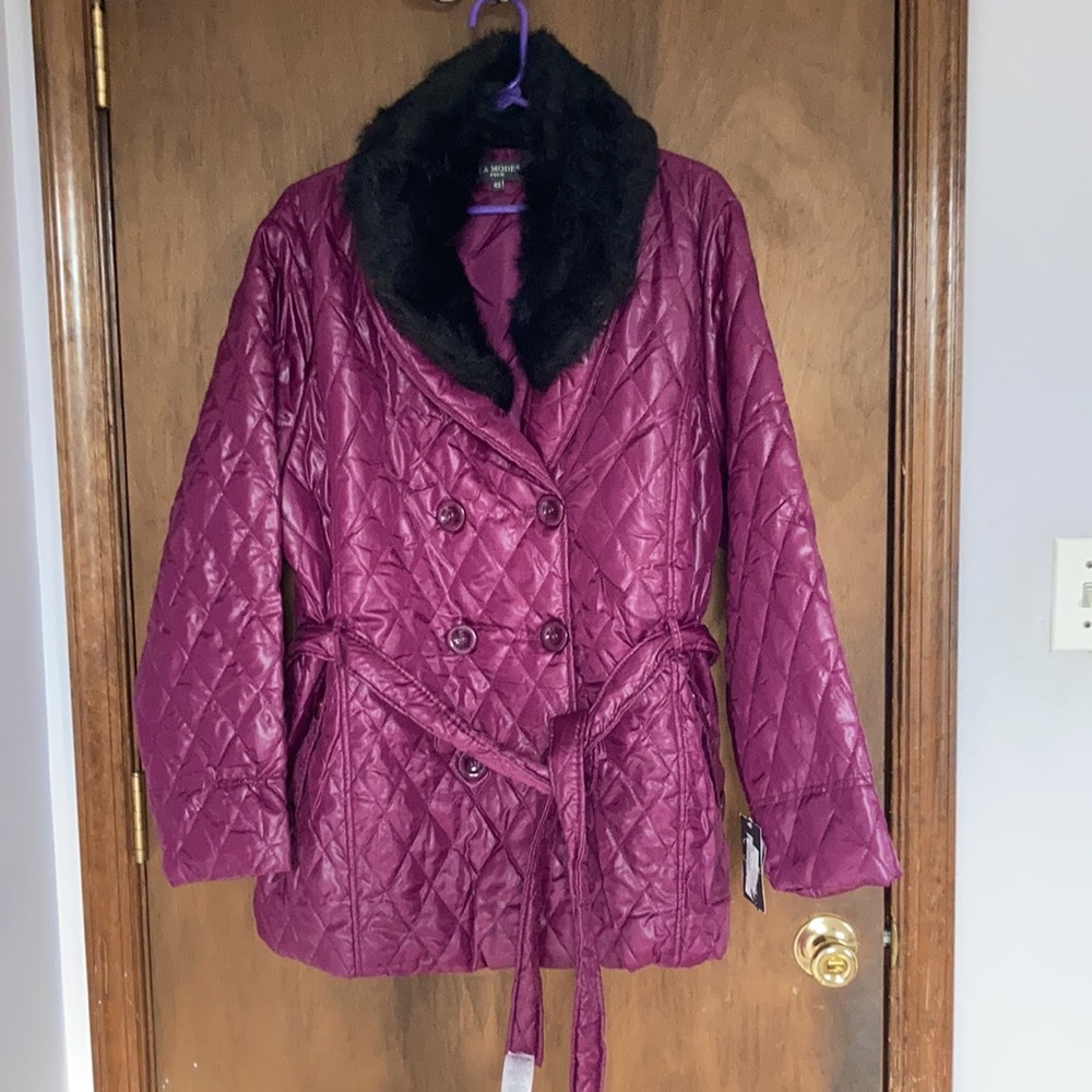 Last Chance❌ La mode plus detachable faux fur collar quilted coat w belt size 42 - Picture 4 of 16